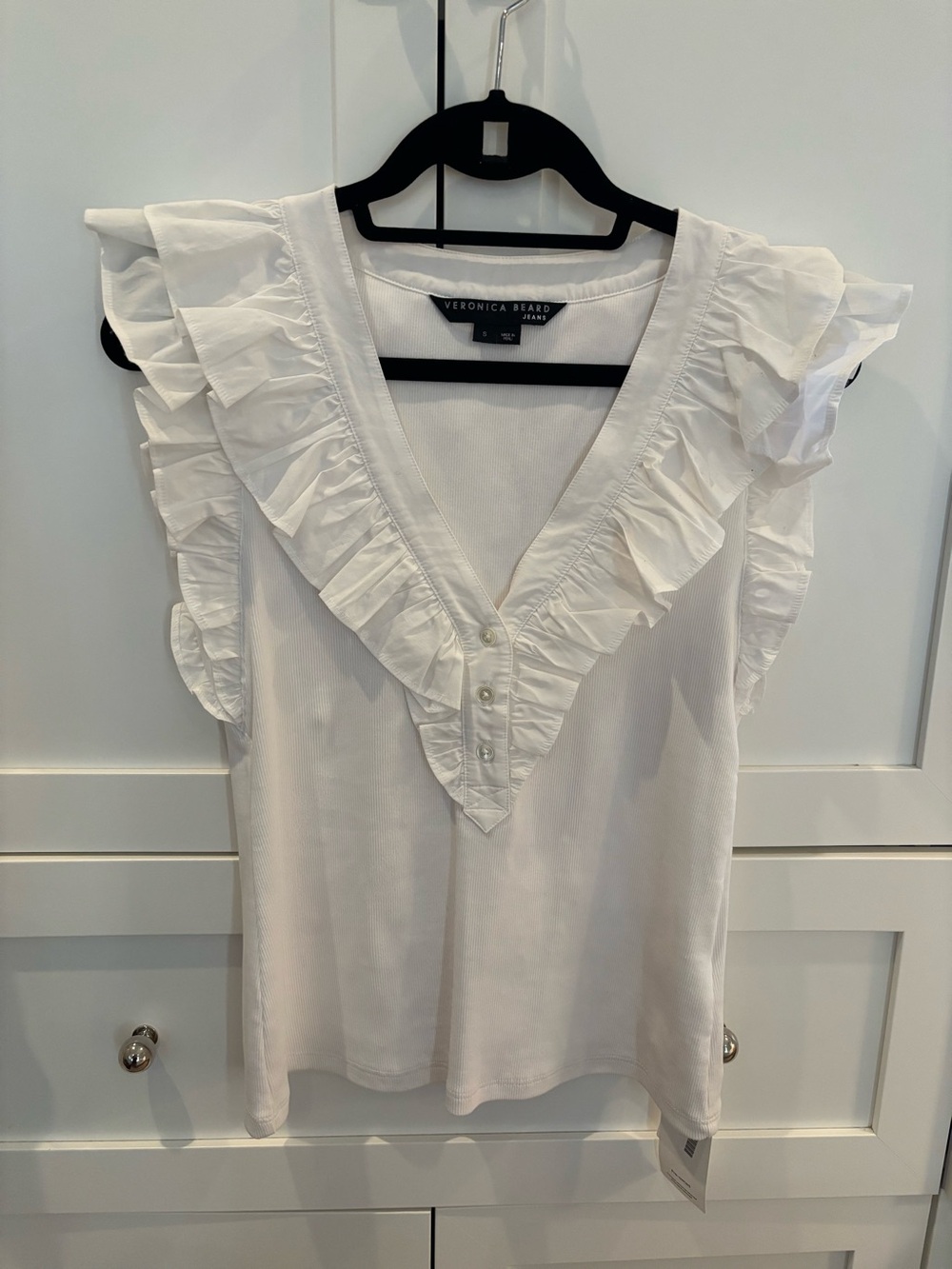 Veronica Beard Ruffle Sleeve White Cotton V-neck Top Small BNWOT